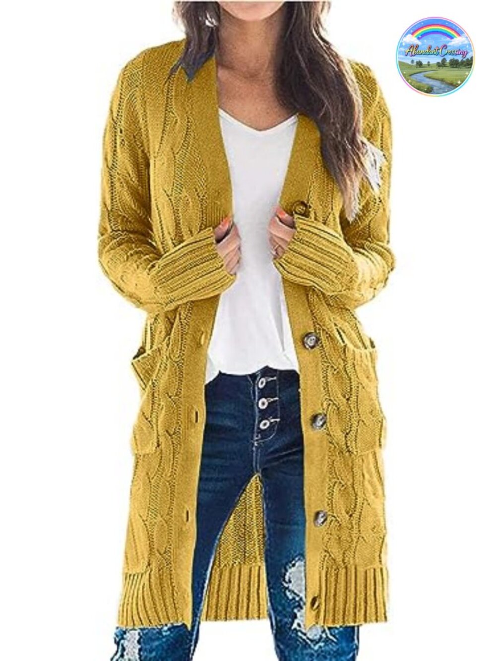 Cable Knit Button Down Long Cardigan Sweater with Pockets